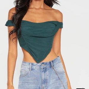 Pretty Little Thing Dark Green Corset Mesh Bardot Top
